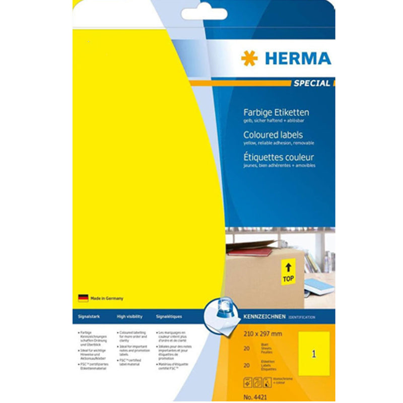 Herma Removable Coloured Labels A4 20pc (210x297mm)