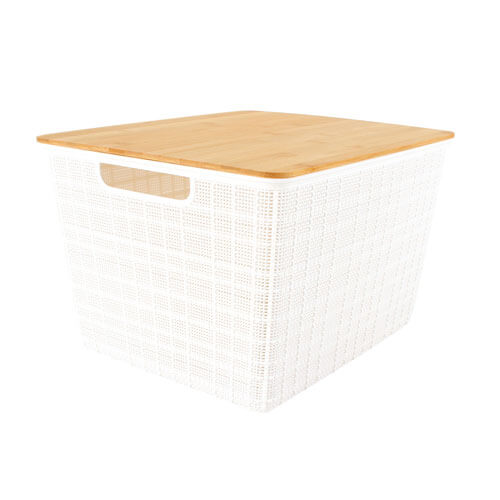 Plastic Storage Basket with Bamboo Lid (White)