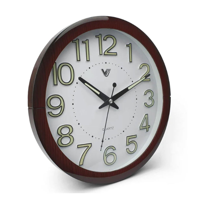 Glow-in-Dark Numbers Wall Clock with Dark Brown Frame